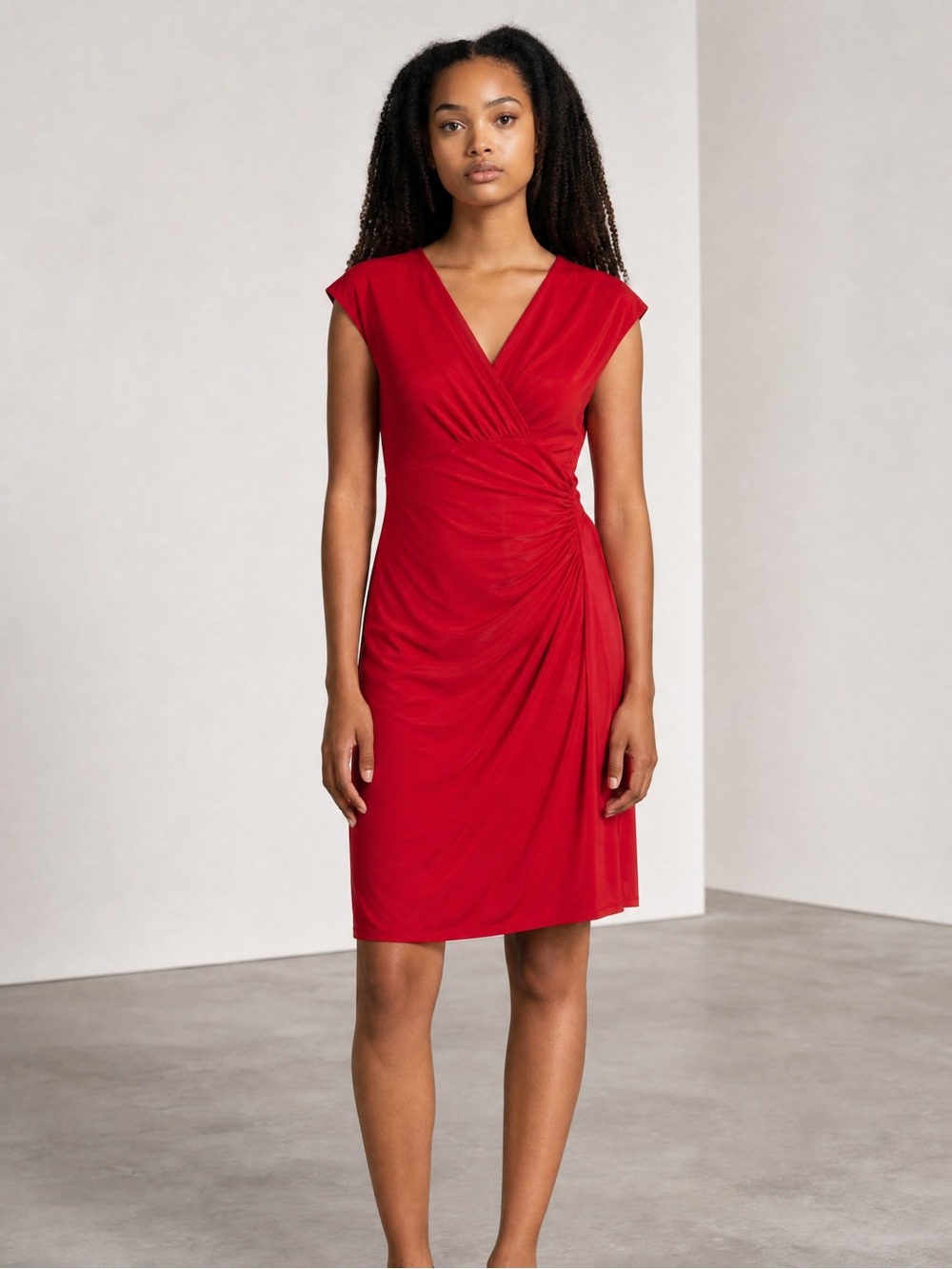 Ralph Lauren Red V-Neck Ruched Midi Dress Size 14
